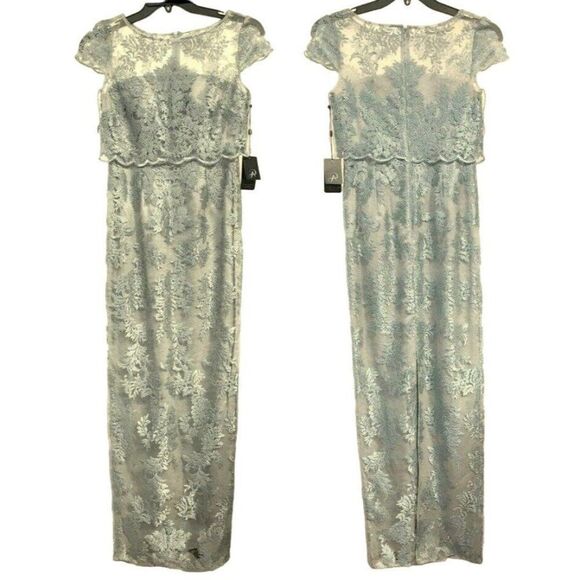 Adrianna Papell 2 Ornate Embroidered Floral Metallic Bateau Illusion Column Gown - Picture 1 of 10